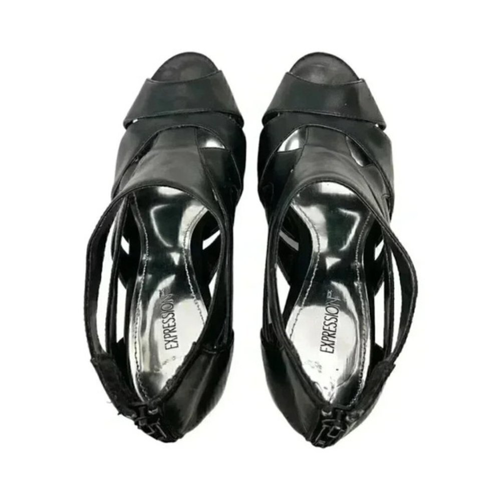Expression Chunky Platform Caged High Heel Y2K Shoes Black Faux Leather Size 7 - Picture 7 of 16